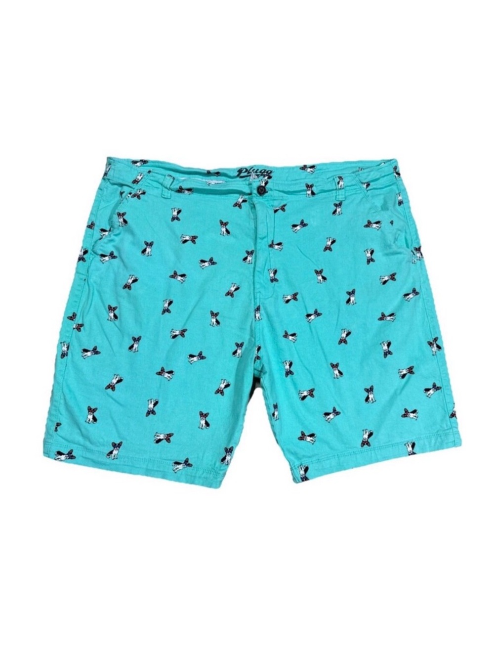 Plugg Shorts Mens Size 48 Flat Front Stretch Waist French Bulldog Dog Teal Chino